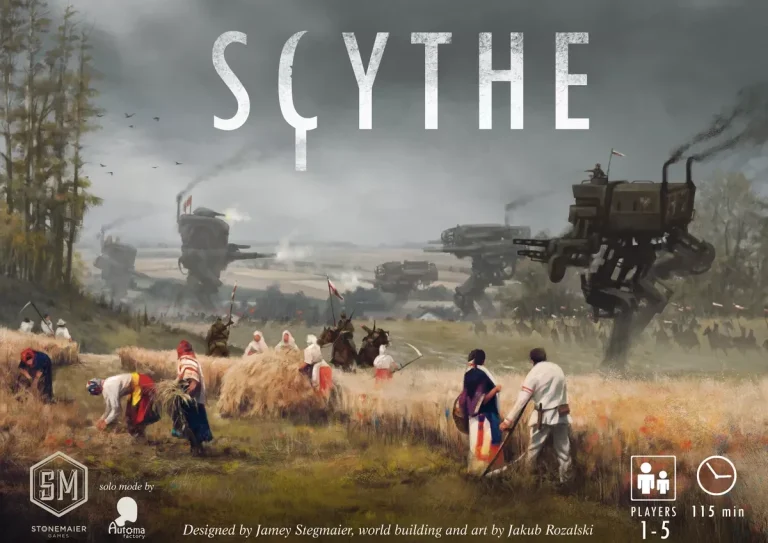 Eine futuristische Landschaft mit Pflügern und Robotern im Hintergrund. Scythe-Spielcover.