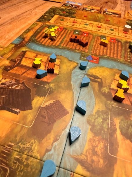 Brettspiel mit bunten Spielsteinen und einem Fluss auf dem Spielfeld.