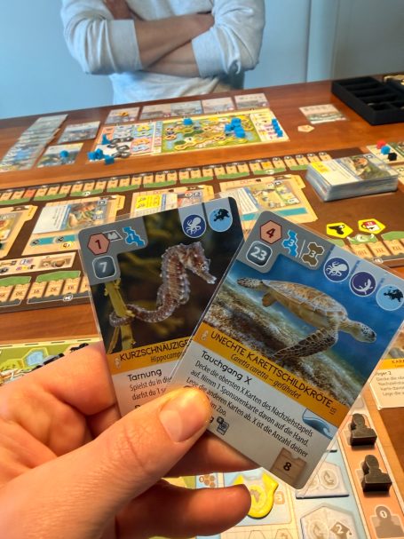 Hände halten zwei Karten mit Meereslebewesen vor einem Tischspiel und einem unlesbaren Hintergrund.
