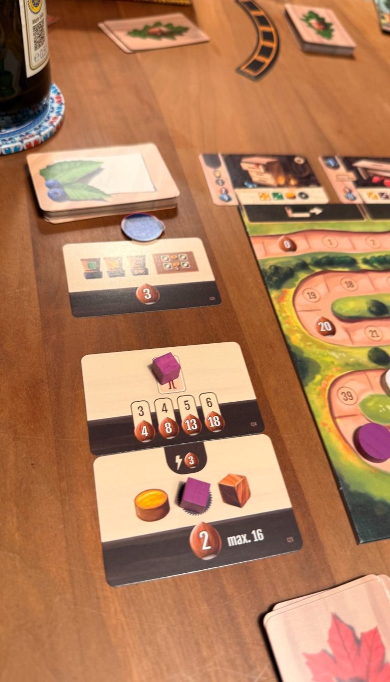 Brettspiel mit Landschaft, Ressourcen und Spielkarten auf einem Tisch.