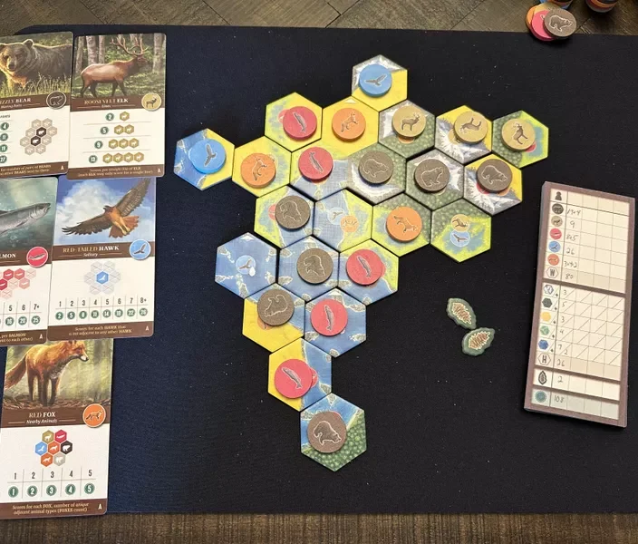 Zielkarten ein Punkteblock und ein fertig ausgelegter Nationalpark.

Fotoquelle: BGG
