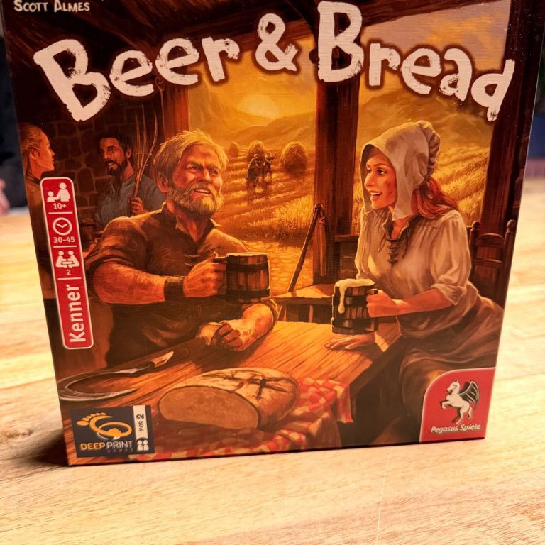 Brettspiel "Beer & Bread" mit einem Mann und einer Frau, die Bier und Brot genießen.