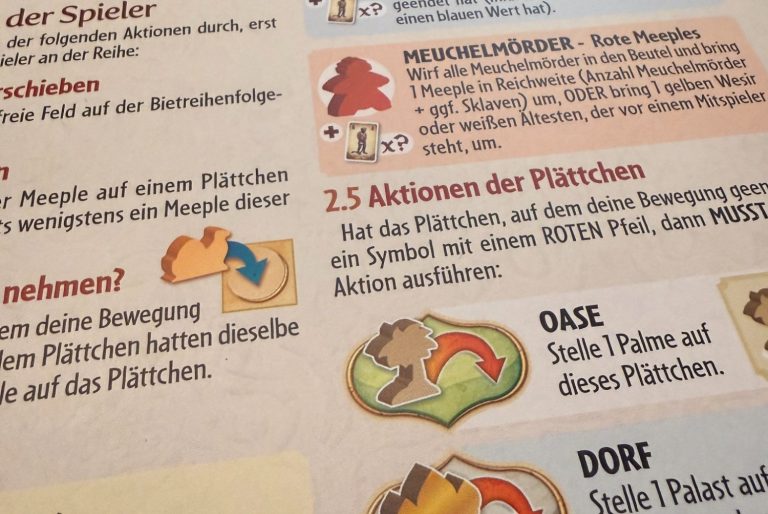 Details zu Spielregeln mit Illustrationen, Pfeilen und Symbolen zum Erläutern von Aktionen.