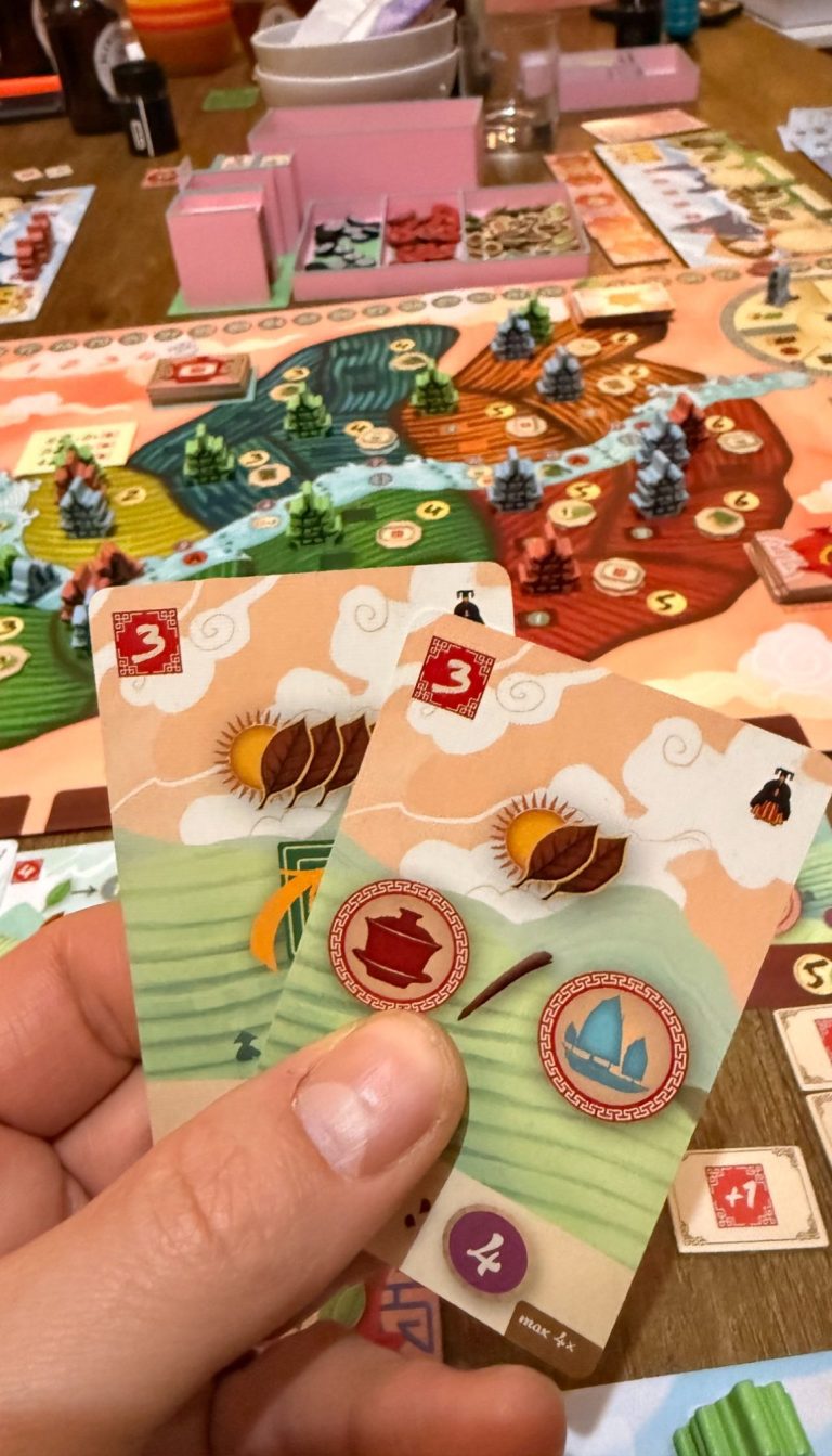 Spieler hält zwei Aktionskarten mit Obst, Nüssen und einem Segelboot, umgeben von Spielbrett.