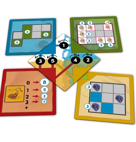Brettspiel mit bunten Spielfiguren auf einem orangefarbenen Spielbrett.