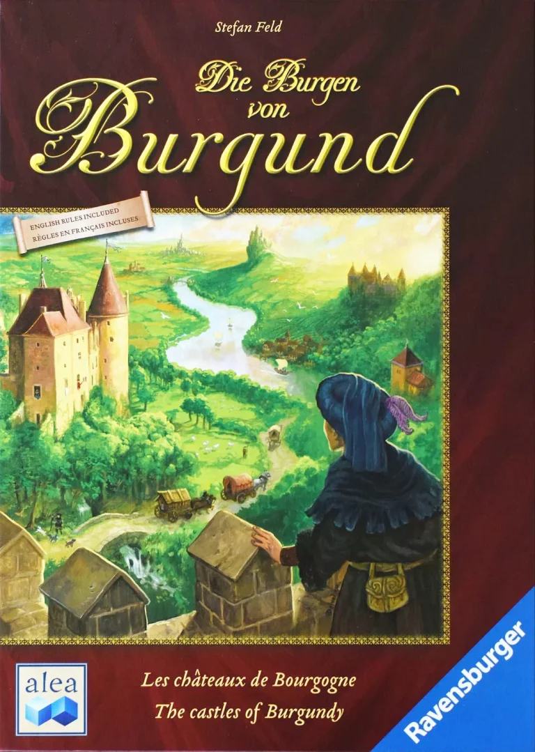 Spiel-Logo für Burgen von Burgund, mit einer stilisierten Stadtansicht und leuchtenden Farben.
