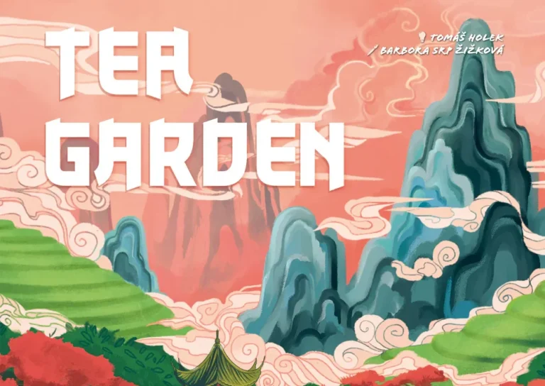 Bunte Illustration eines Teegartens mit Bergen und Wolken im Hintergrund.