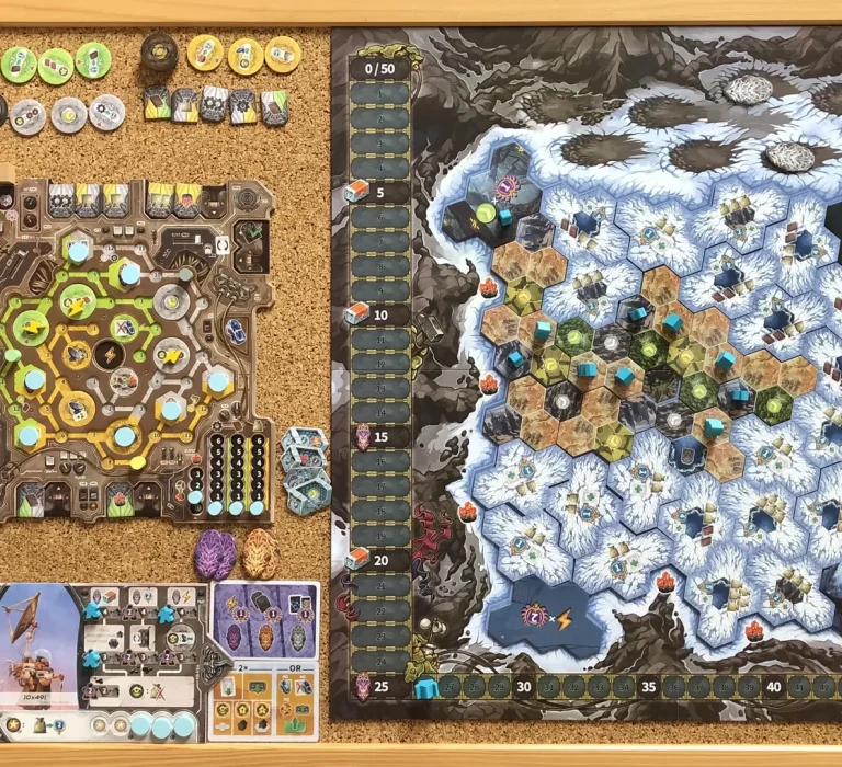 Spielertableau bei Barcelona Brettspiel mit Spielsteinen, Punktezählung und verschiedenen Aktionsfeldern.