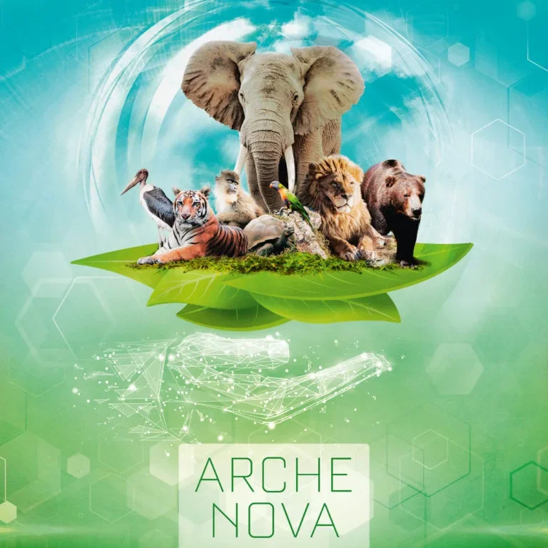 Elefant und verschiedene Tiere auf grünem Blatt, darunter der Schriftzug "ARCHE NOVA".