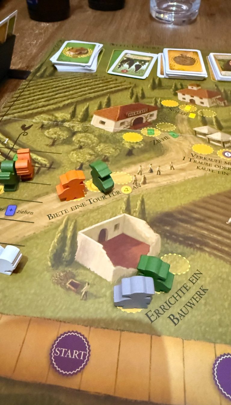 Brettspiel mit Spielkarten, Spielsteinen und einer ländlichen Landschaft.