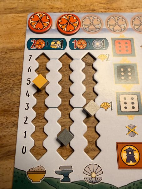 Spielbrett mit Ressourcenmarkern und Punkten, darunter ein Zahlen-Tracker.