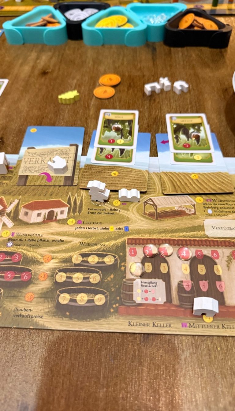 Spielbrett mit Bauernhöfen, Tieren und Spielsteinen in verschiedenen Farben.