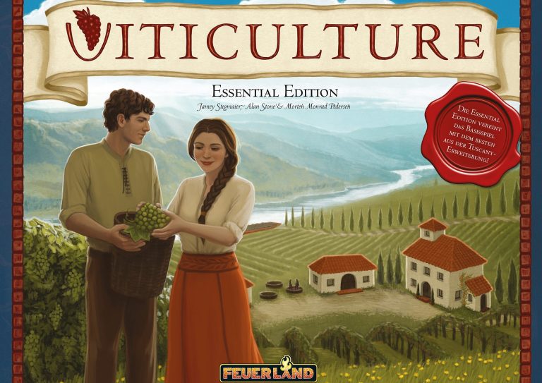 Das Cover des Spiels "Viticulture: Essential Edition" mit Weinbauern und idyllischer Landschaft.