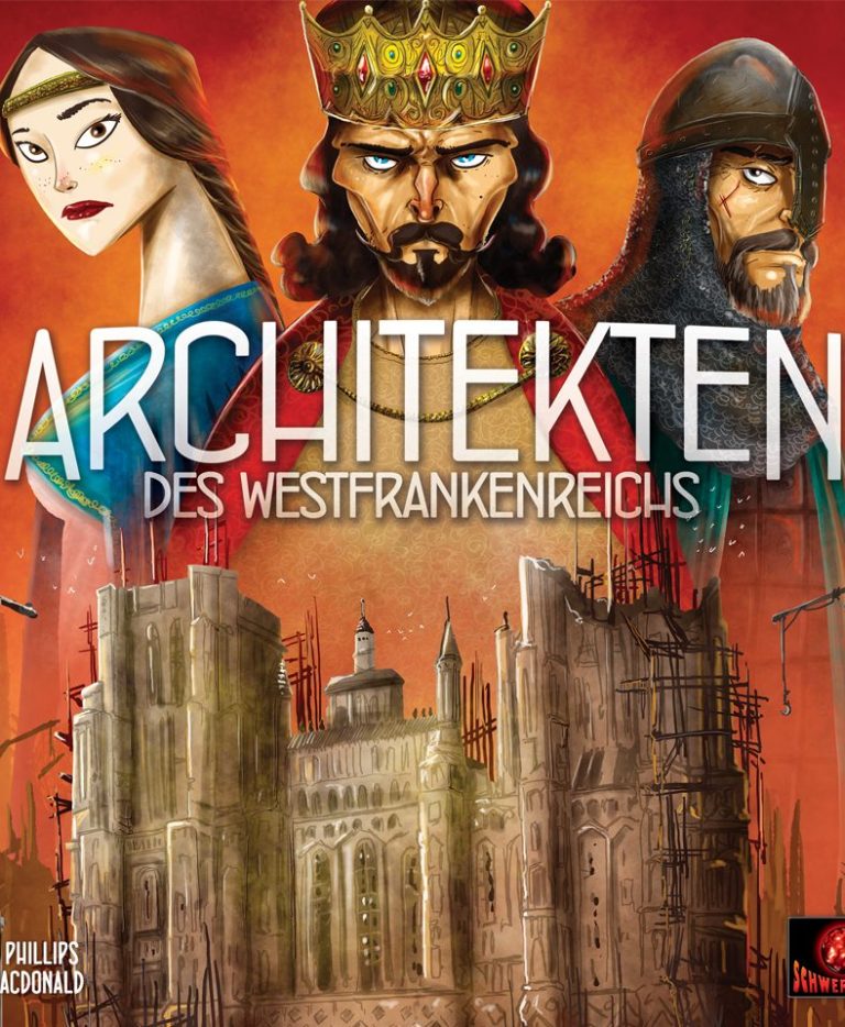 Boardspiel "Architekten: Der Westen steht" mit Grafiken von drei Charakteren.
