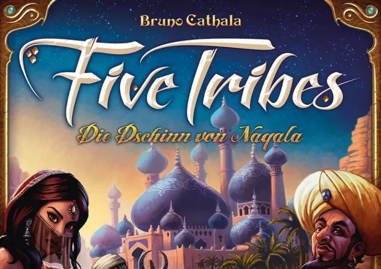 Das Cover des Spiels "Five Tribes" mit orientalischer Architektur und Charakteren.