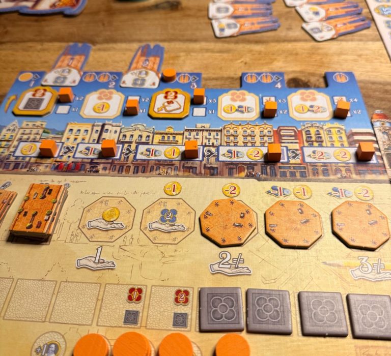 Brettspiel mit Spielsteinen, Punktezählung und verschiedenen Aktionsfeldern.