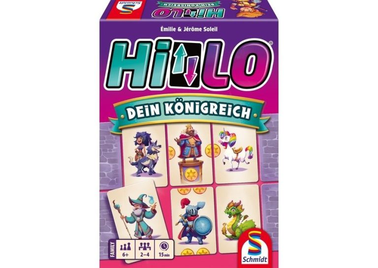 Spieleverpackung mit bunten Figuren und dem Titel "HiLo - Dein Königreich".