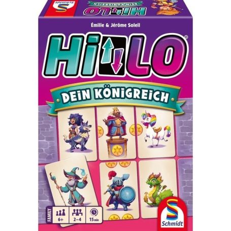 Brettspielverpackung mit bunten Figuren und dem Titel "HiLo - Dein Königreich".