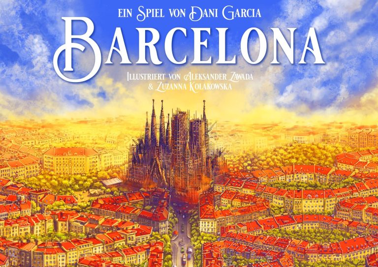 Stadtansicht von Barcelona mit markanten Gebäuden und leuchtenden Farben.