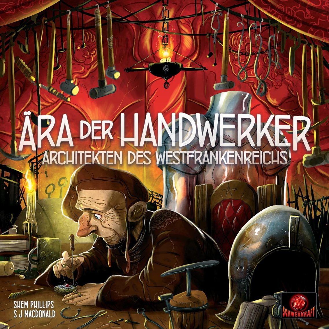 Darstellung eines Handwerkers mit Werkzeugen vor einer roten Kulisse, Titel „Ära der Handwerker“.